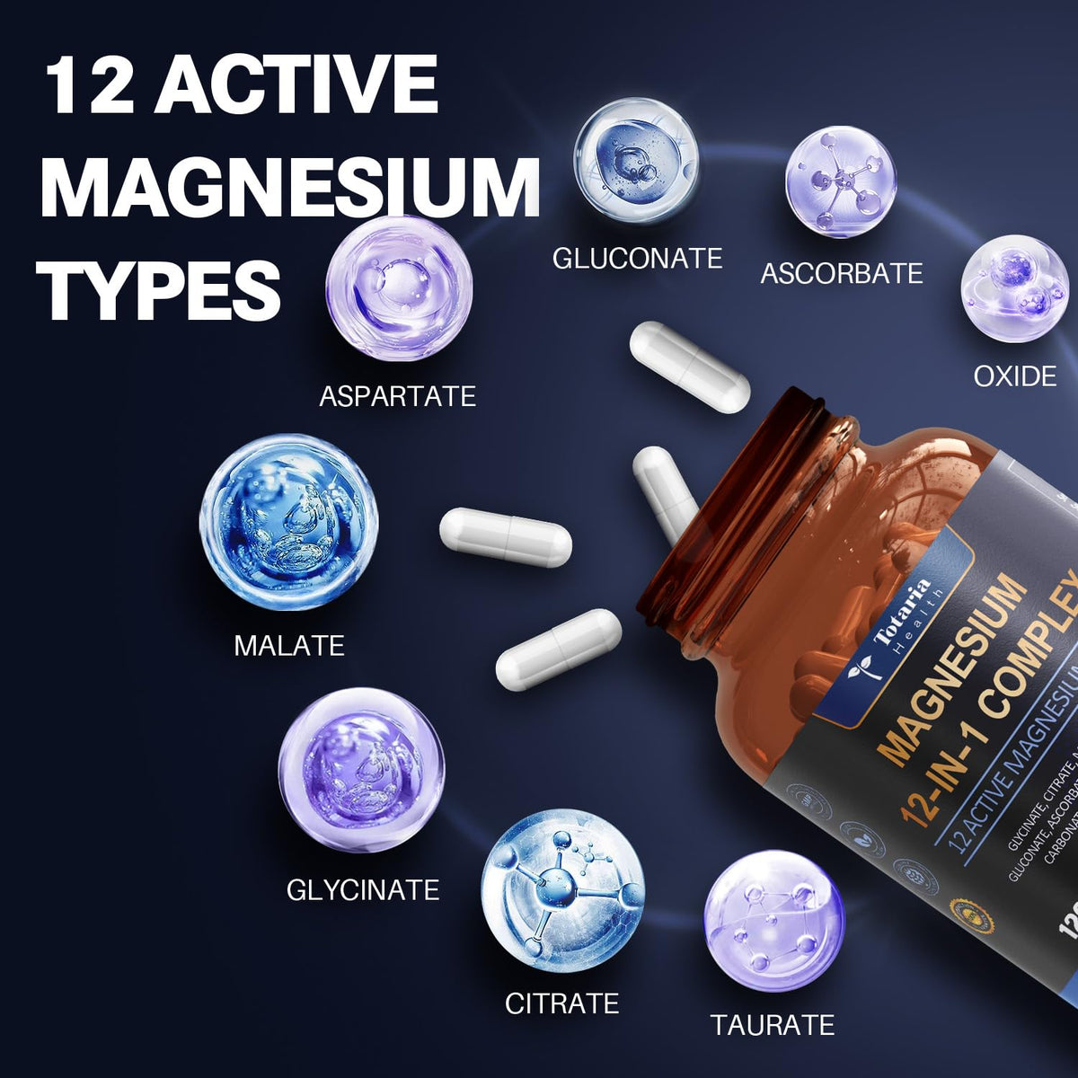 Totaria Magnesium Complex 700mg 12 in 1 Magnesium Supplement with Glycinate Citrate Malate Oxide Taurate Aspartate Orotate Magnesium Relaxation,Muscle,Heart Support, Vegan 120 Capsules - Maple Wellness Supplements