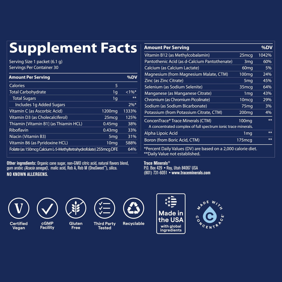 Trace Minerals Power Pak Multivitamin and Multimineral Packets - Electrolyte Support - 1200 mg Vitamin C plus 70+ Trace Minerals - Lemon Lime Flavor - 30 Packets - Maple Wellness Supplements