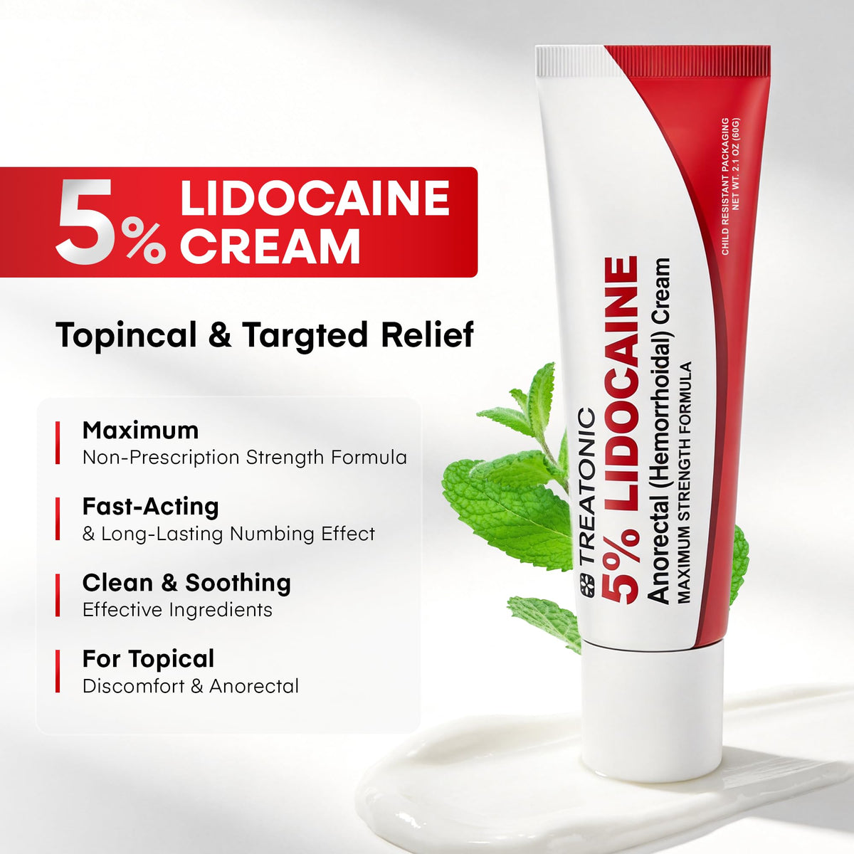 Treatonic 5% Lidocaine Numbing Cream: Lidocaine Cream for Pain Relief, Itching, Burning, Soreness, Hemorrhoid - Maximum Strength Topical Numb Cream - Fast Acting & Long Lasting Numbing Cream - 4.2 oz - Maple Wellness Supplements