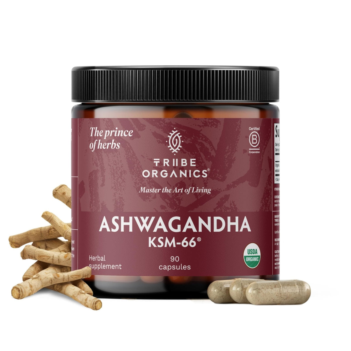 TRIBE ORGANICS Ashwagandha KSM 66 Pure Organic Root Powder Extract Ayurvedic Supplement - Focus Mood Support Increase Energy Strength 600mg of Natural KSM66 for Superior Absorption - 90 Capsules - Maple Wellness Supplements