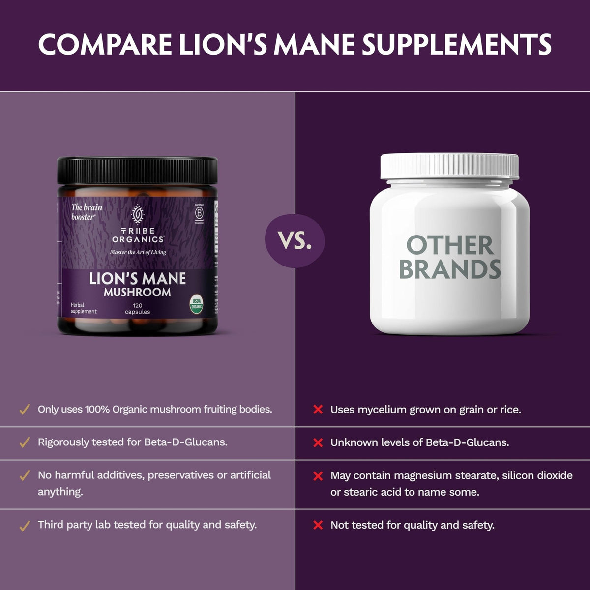 TRIBE ORGANICS Lion’s Mane Supplement 1000mg Mushroom Extract Powder - Immune System Booster & Brain Nootropic for Focus and Memory | Mental Clarity | Natural Energy and Immunity - 120 Vegan Capsules - Maple Wellness Supplements