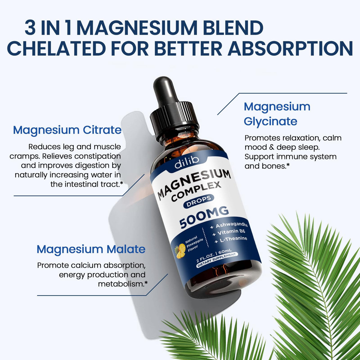 Triple Magnesium Complex Supplement-Magnesium Glycinate, Citrate, Malate Liquid Drops 500mg with Ashwagandha, L-Theanine, Vitamin B6 for Calm, Stress Relief, Sleep, Muscle Support-Pineapple Flavor - Maple Wellness Supplements