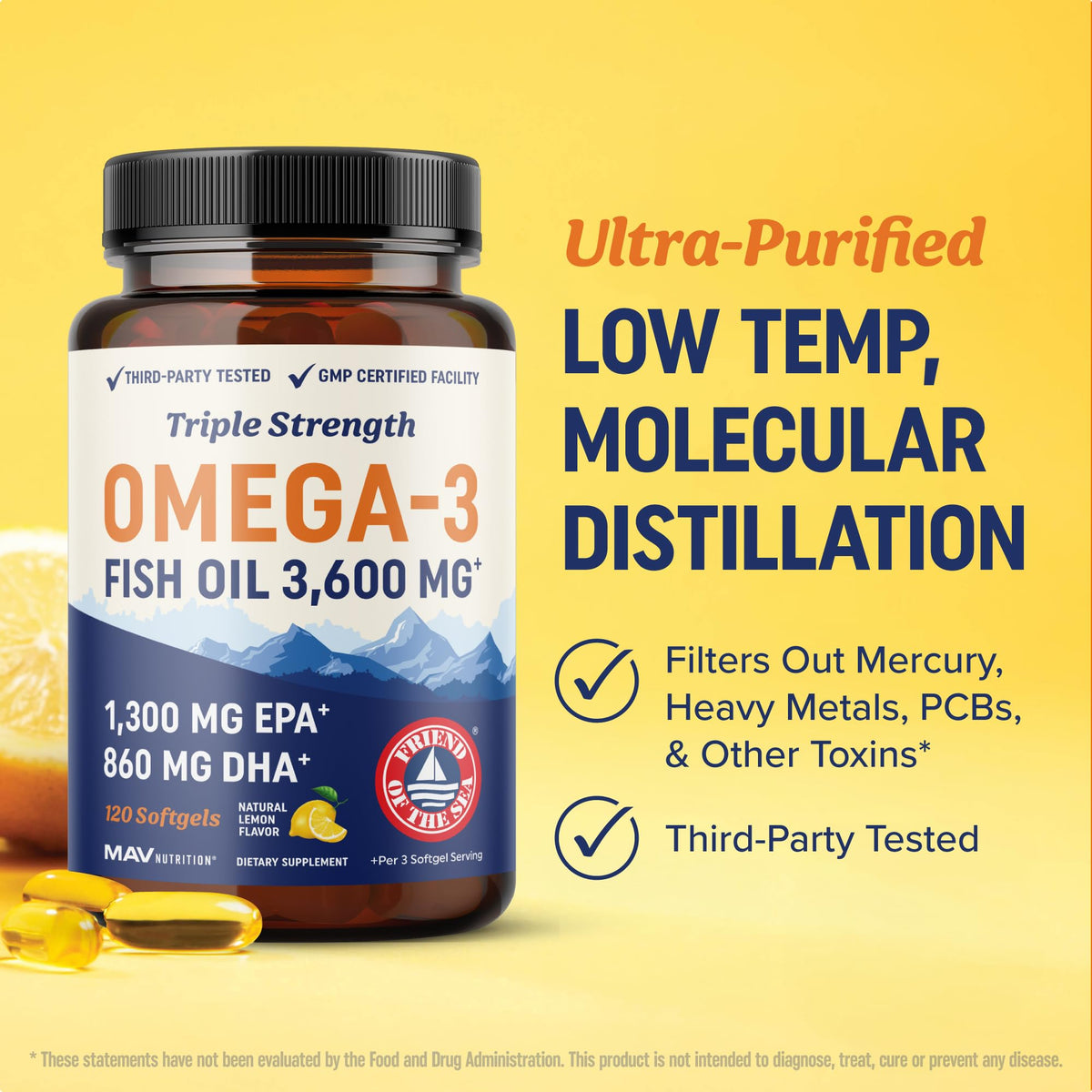 Triple Strength Omega 3 Fish Oil 3600 mg | EPA & DHA | Over 2100mg Omega-3 Fatty Acids | 1300mg EPA + 860mg DHA | Best Essential Fatty Acids | Premium Wild Caught & Burpless Fish Oil | 120 Ct - Maple Wellness Supplements