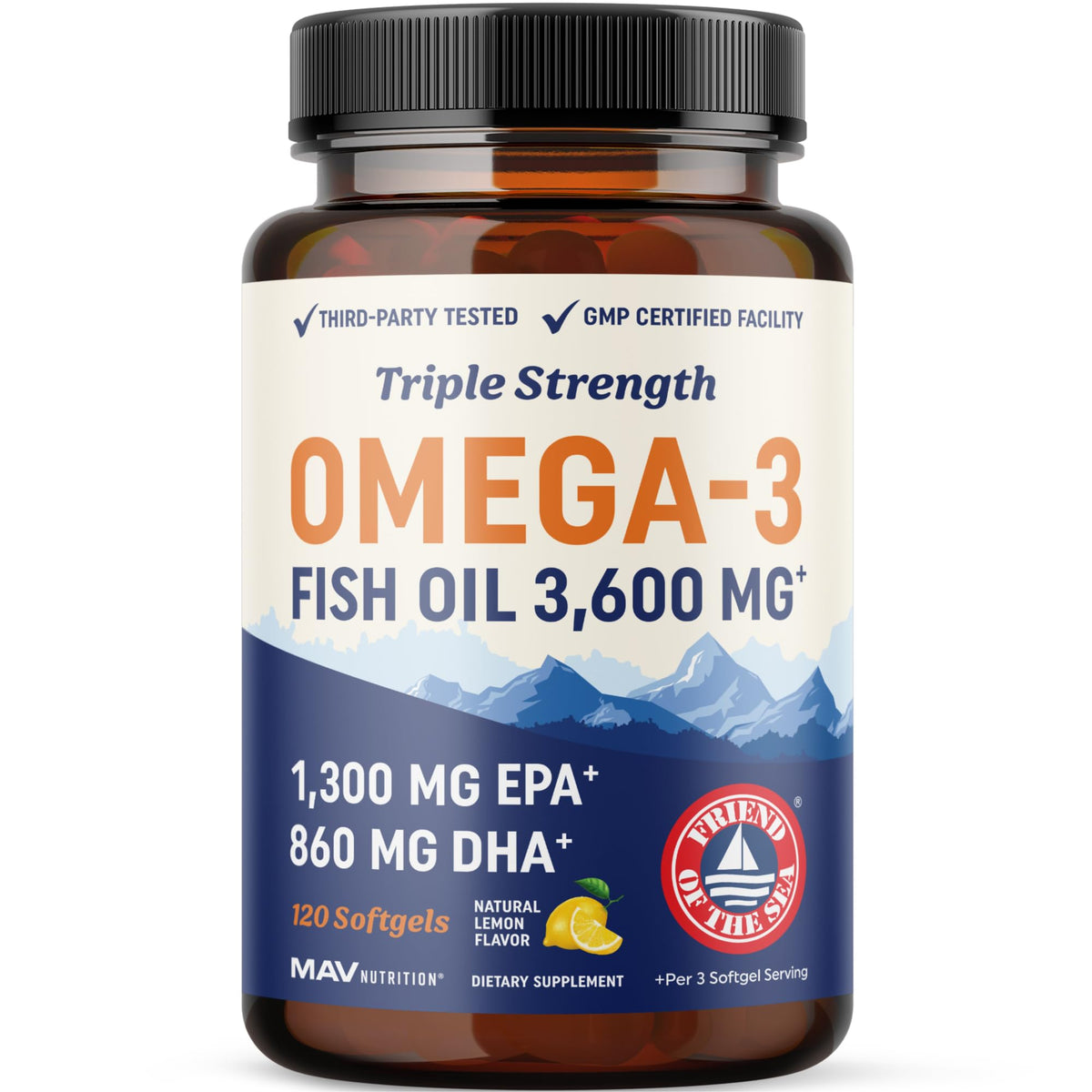 Triple Strength Omega 3 Fish Oil 3600 mg | EPA & DHA | Over 2100mg Omega-3 Fatty Acids | 1300mg EPA + 860mg DHA | Best Essential Fatty Acids | Premium Wild Caught & Burpless Fish Oil | 120 Ct - Maple Wellness Supplements
