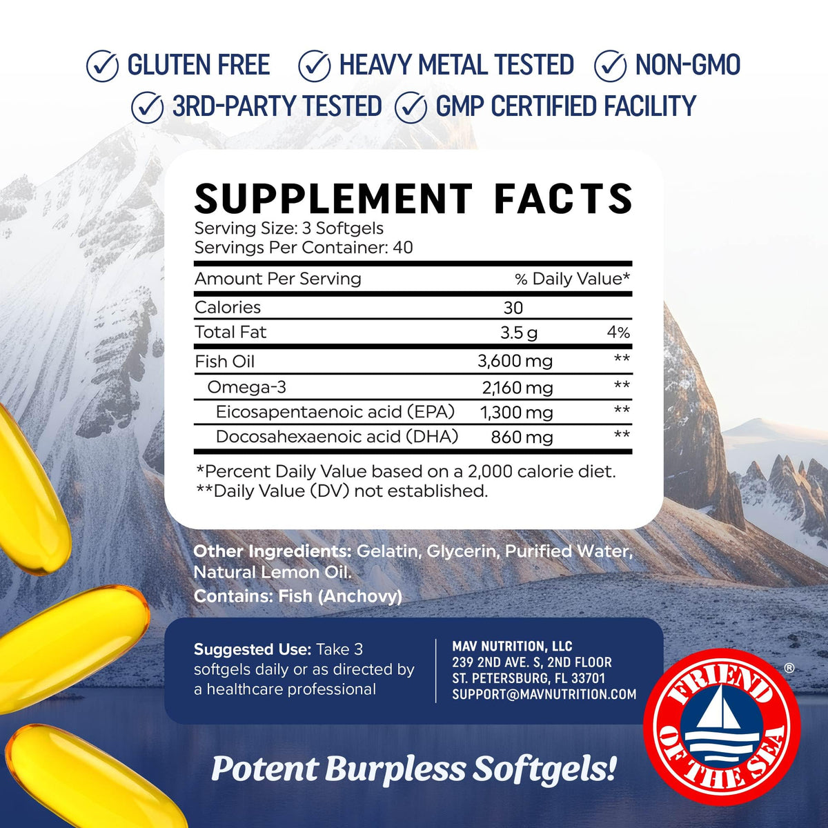 Triple Strength Omega 3 Fish Oil 3600 mg | EPA & DHA | Over 2100mg Omega-3 Fatty Acids | 1300mg EPA + 860mg DHA | Best Essential Fatty Acids | Premium Wild Caught & Burpless Fish Oil | 120 Ct - Maple Wellness Supplements