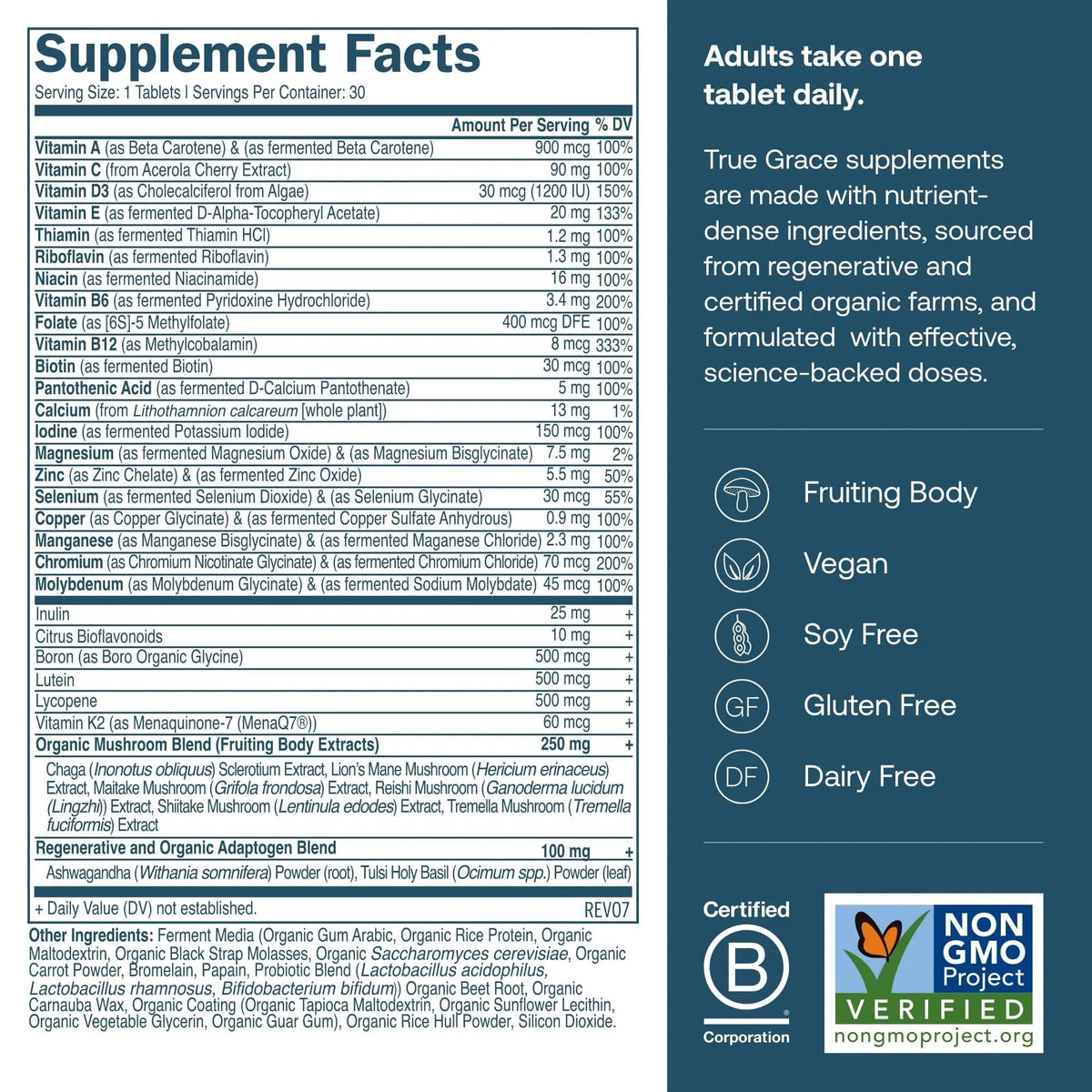 True Grace Men's 40+ One Daily Multivitamin Fermented Minerals, Organic Adaptogens & Mushrooms Whole Body Balance Immune - Maple Wellness Supplements