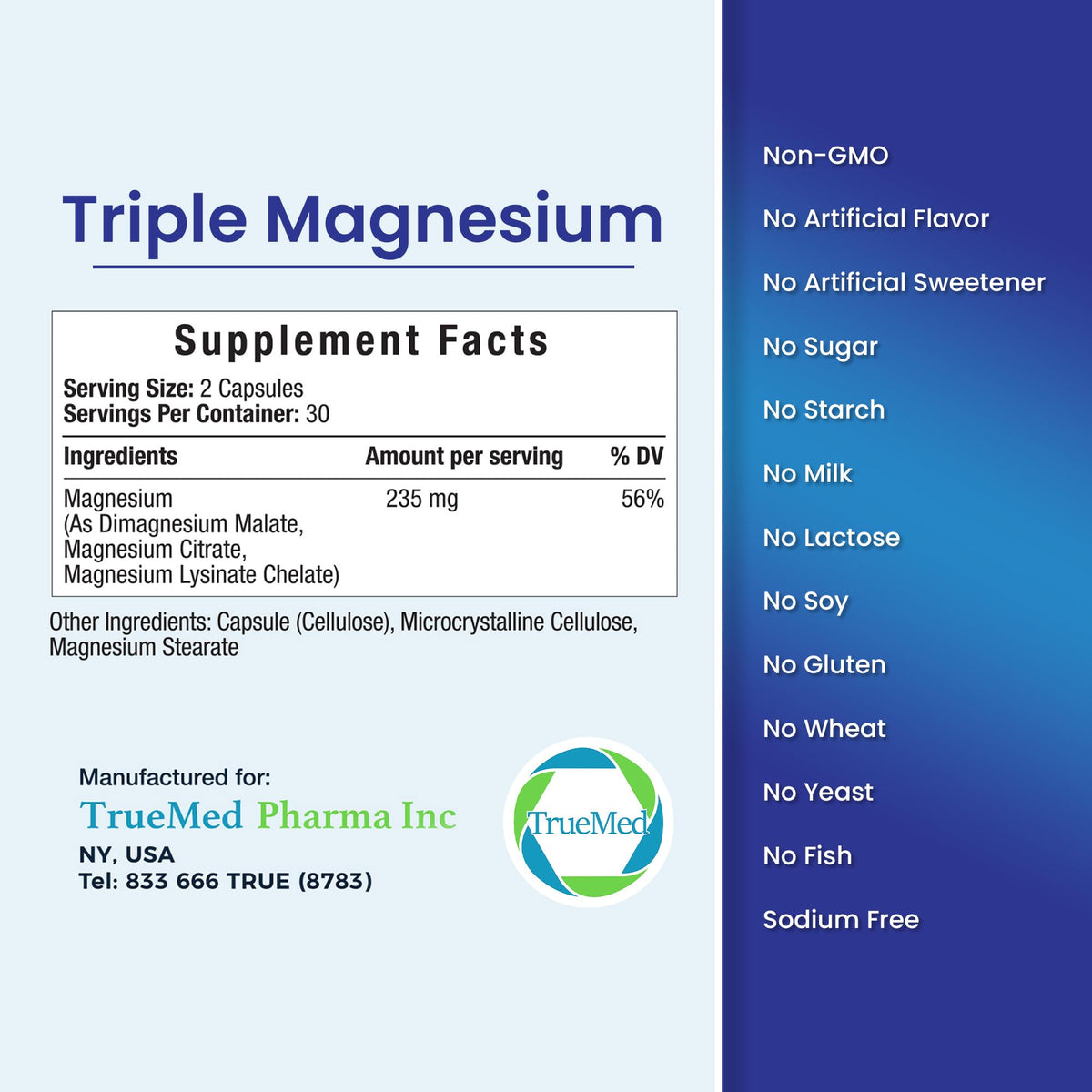 Truemed Triple Magnesium Complex Supplement 235mg with Magnesium Citrate, Malate & Lysinate Chelate | Magnesium Supplement for Sleep, Muscle Relaxation, Energy & Nerve Support | 60 Capsules, USA Made - Maple Wellness Supplements