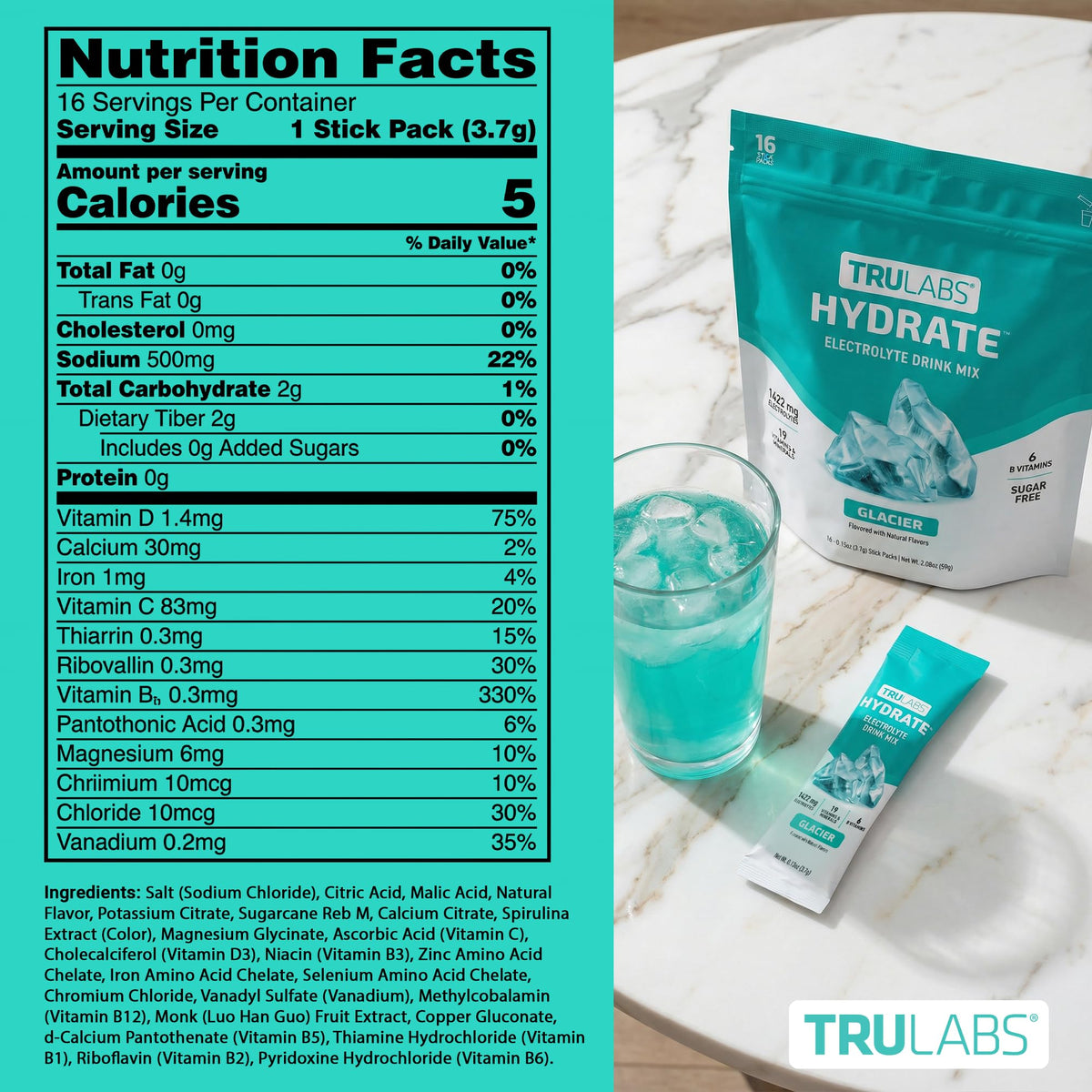 TRULABS Hydrate Electrolyte Drink Mix – Glacier Flavor, Sugar-Free Hydration Packets with 1422 mg Electrolytes & 19 Vitamins & Minerals, Monk Fruit Sweetened, On-the-Go Sticks (16 Count) - Maple Wellness Supplements