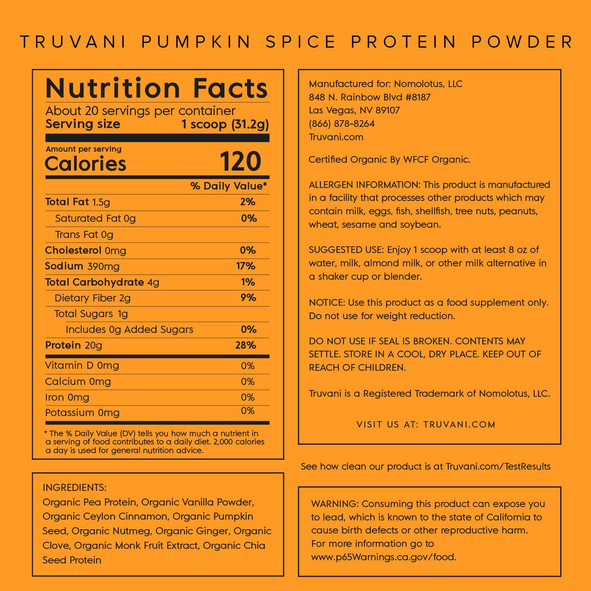 Truvani Organic Vegan Protein Powder Pumpkin Spice - 20g of Plant Based Protein - Maple Wellness Supplements