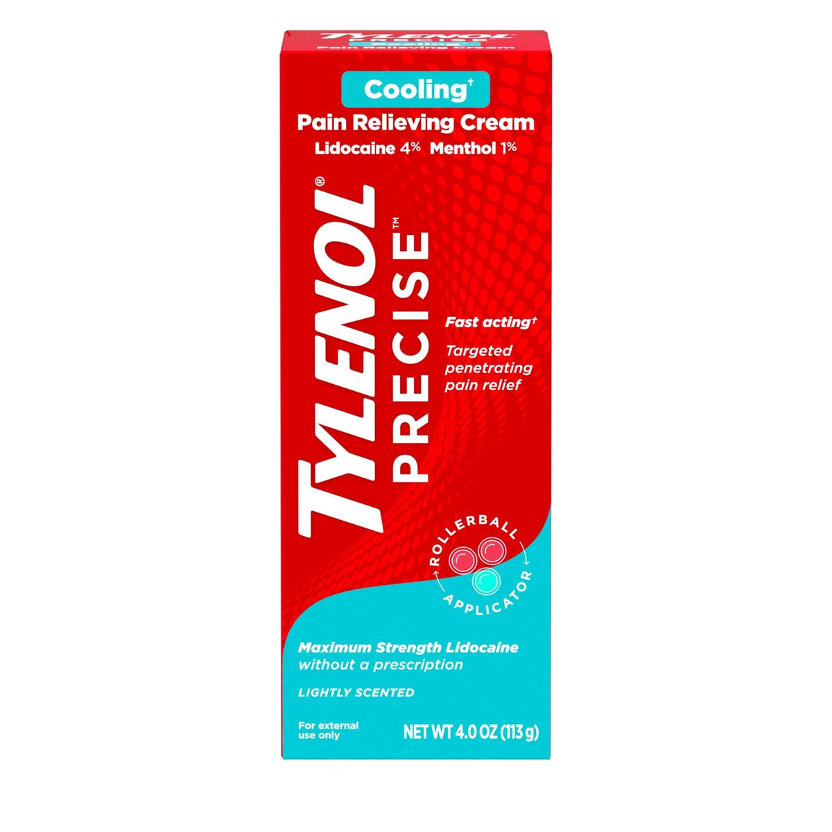 Tylenol Precise Cream, Cooling Sensation Pain Relief, Roll‑On, Lidocaine 4%, Menthol 1%, Targeted Maximum OTC Strength Combination for Back, Muscle and Joint, Numbing Cream Rollerball Applicator, 4 oz - Maple Wellness Supplements
