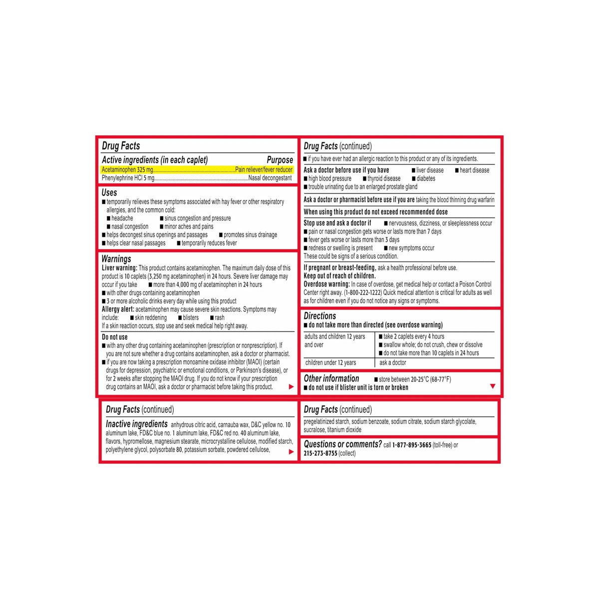 Tylenol Sinus + Headache Daytime Non-Drowsy Relief Caplets, Acetaminophen 325mg, Phenylephrine HCI 5mg, Nasal Decongestant for Sinus Pain, Headache & Nasal Congestion Relief, Fever Reduction, 24 Count - Maple Wellness Supplements