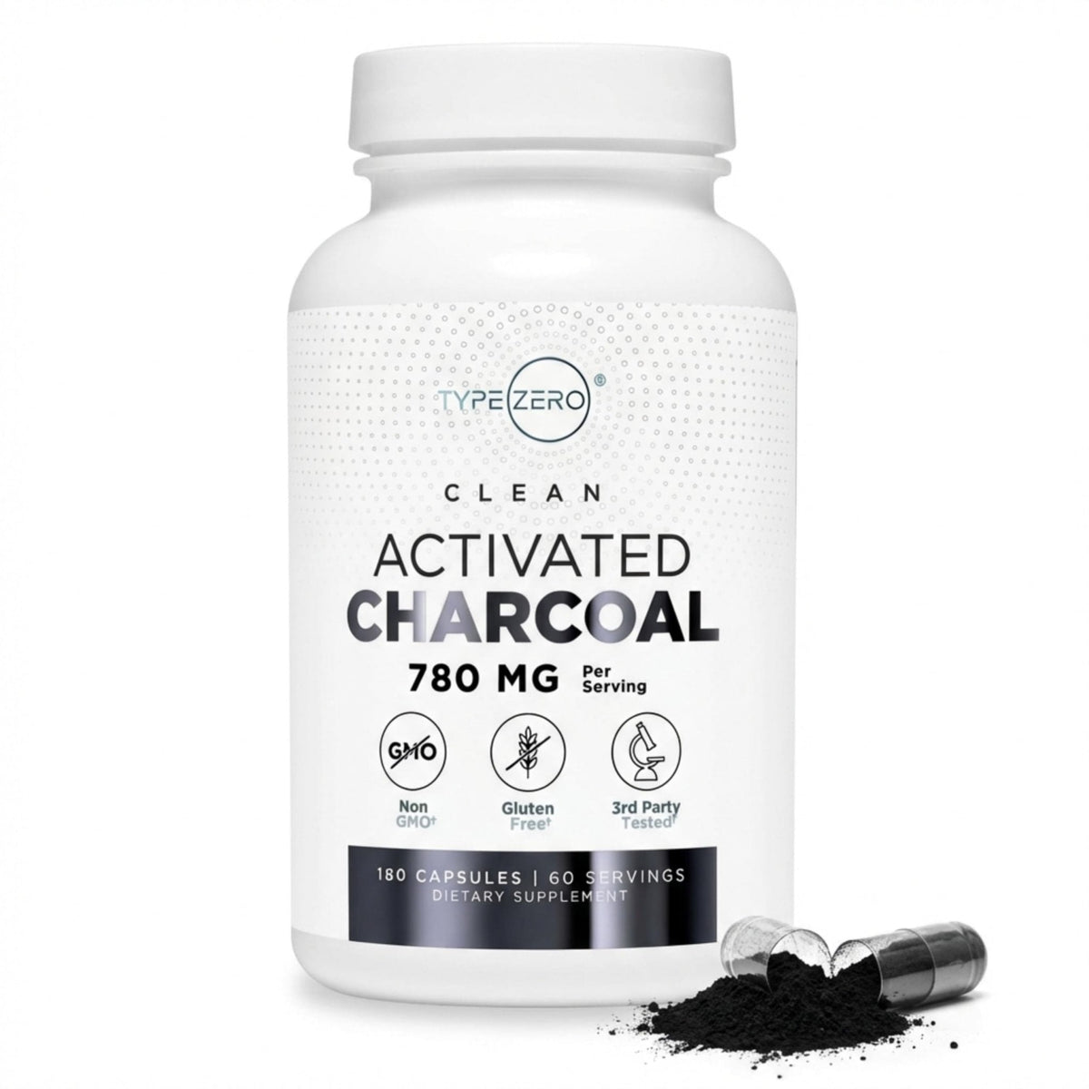 Type Zero Activated Charcoal Capsules (180 Count) - 60 Servings, 780mg Per Serving, from Coconut Shell, Non-GMO, Gluten-Free - Maple Wellness Supplements