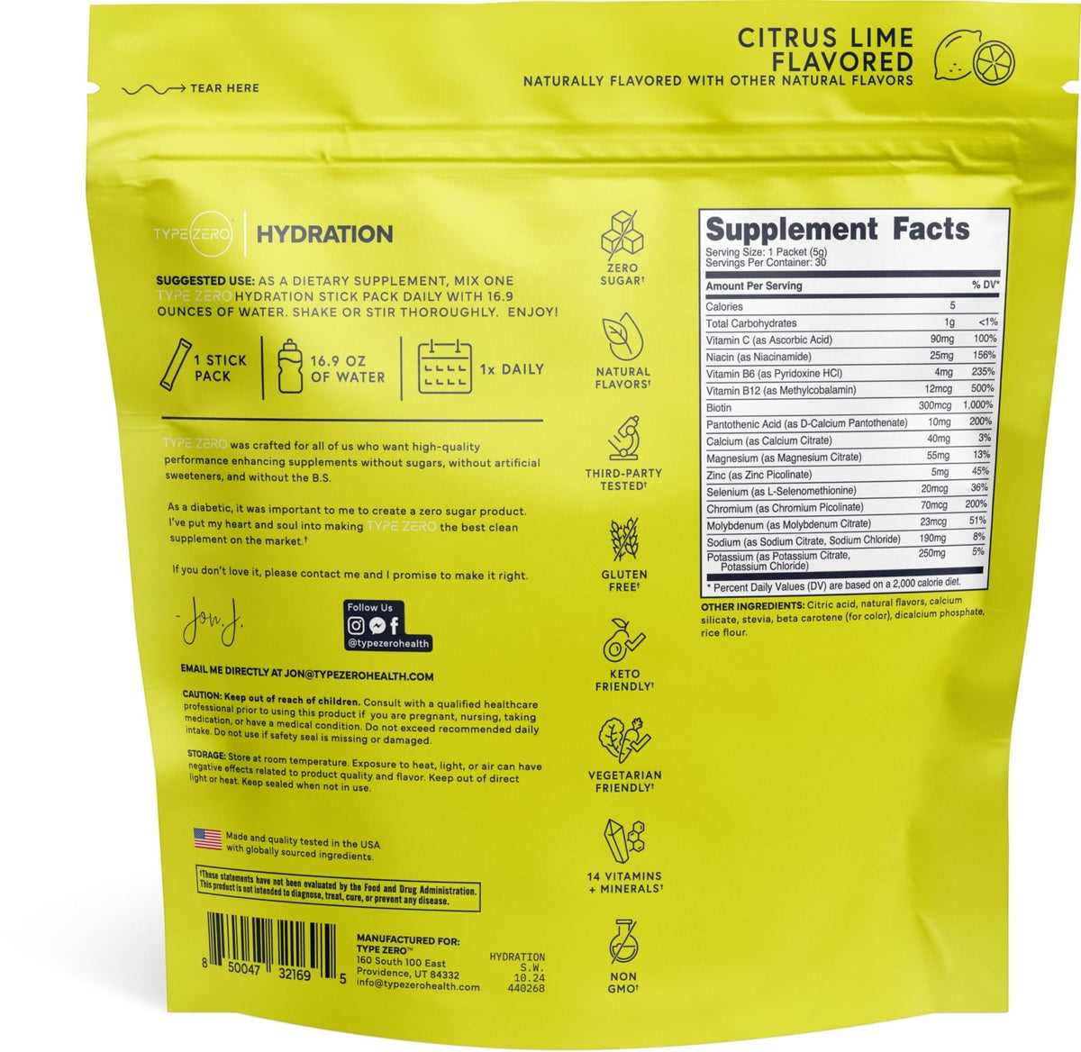 Type Zero Clean Hydration + Electrolytes Drink Mix (30 Single-Serving Packets) (Citrus Lime Flavored) - Advanced Hydration for Any Occasion - Maple Wellness Supplements