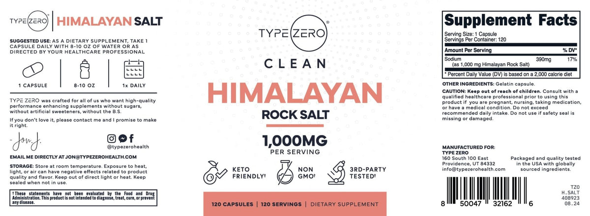Type Zero Himalayan Rock Salt Capsules (120 Capsules) (1000mg per Serving) - Maple Wellness Supplements
