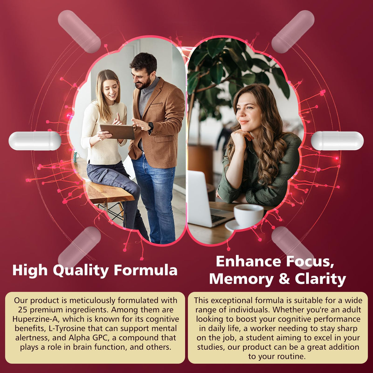 UIMISX Brain Supplement for Mental Alertness, Memory, Focus & Energy, Alpha GPC, Huperzine-A, L-Tyrosine, Phosphatidylserine, Vitamins B6 B12, High Absorption, 90 Capsules - Maple Wellness Supplements