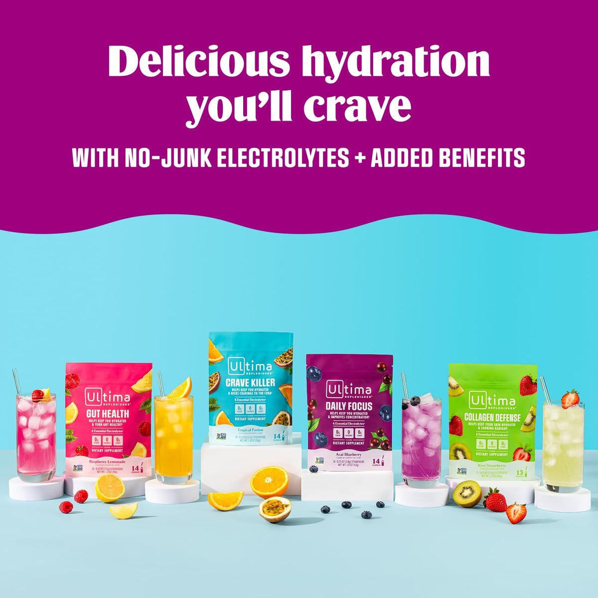 Ultima Replenisher Crave Killer Supplement and Electrolytes Powder – Tropical Fusion, 14 Stickpacks – Hydration Packets that Kick Cravings to The Curb - Maple Wellness Supplements