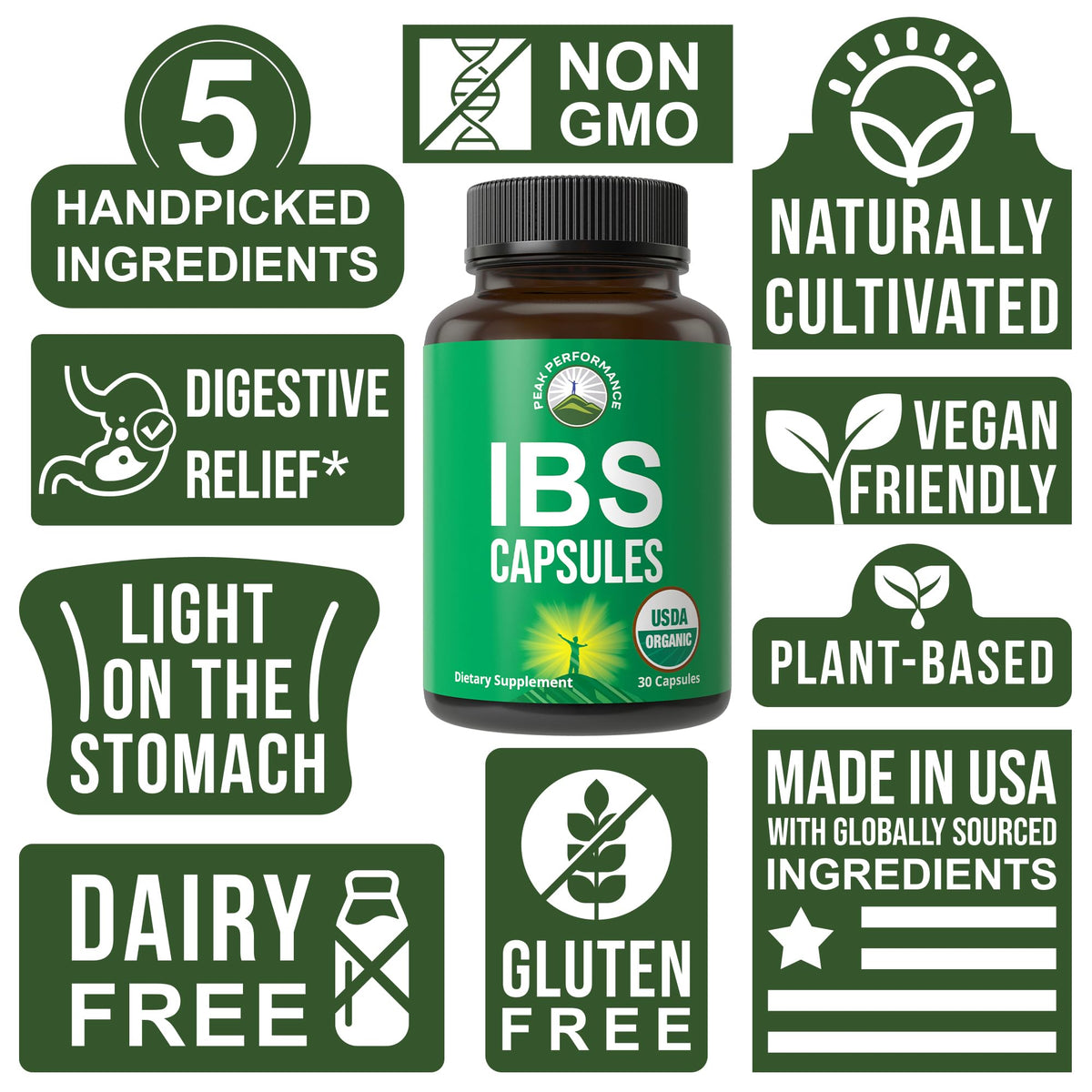 USDA Organic IBS Capsules for Relief, Ingestion, Bloating, Gas. Irritable Bowel Supplement with 5 Handpicked Organic Ingredients. Peppermint Oil, Sea Buckthorn, Fennel Seed, Rosemary Leaf, Basil Leaf - Maple Wellness Supplements
