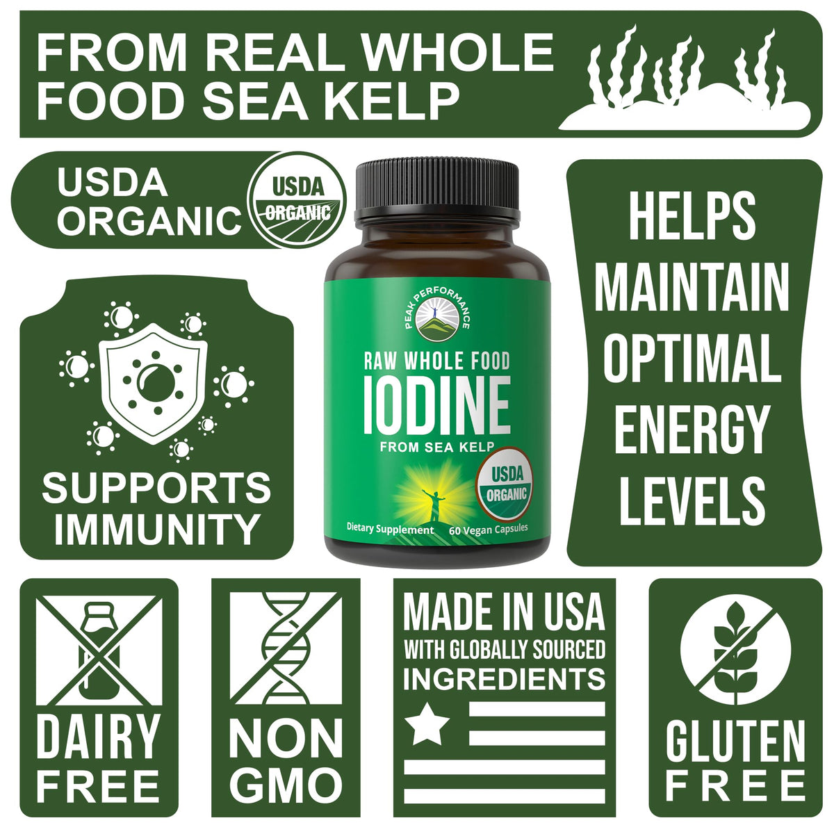 USDA Organic Raw Whole Food Iodine Supplement from Kelp (Ascophyllum Nodosum) - Potassium Iodide Tablets Alternative - for Thyroid, Energy, and Immune Support - 60 Vegan Capsules by Peak Performance - Maple Wellness Supplements