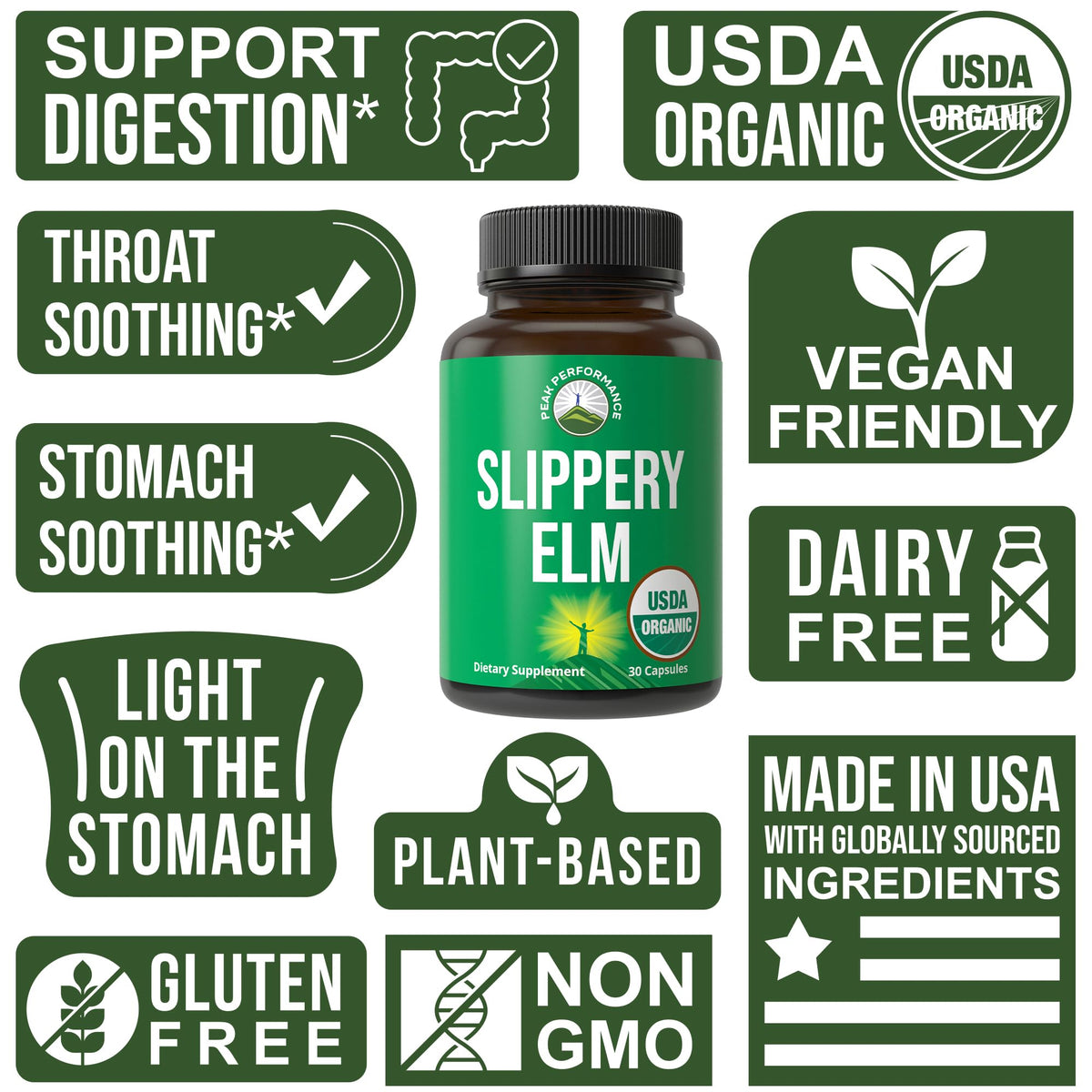 USDA Organic Slippery Elm for Women & Men. Vegan Capsules with Micronized Slippery Elm Bark Powder for Digestion, Bloating Relief, & Gut Lining. Natural Mucilage That Soothes The Throat & Airways - Maple Wellness Supplements