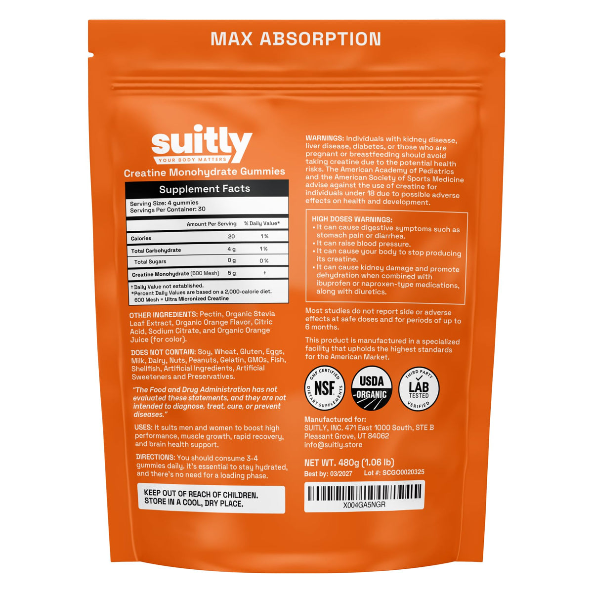 USDA Organic Ultra-Micronized Creatine Gummies for Men & Women; Orange Max Absorption 5g Creatine Gummies Sugar Free for Muscle Gain, Energy & Recovery; Muscle Builder for Women with Pouch - 120 Count - Maple Wellness Supplements