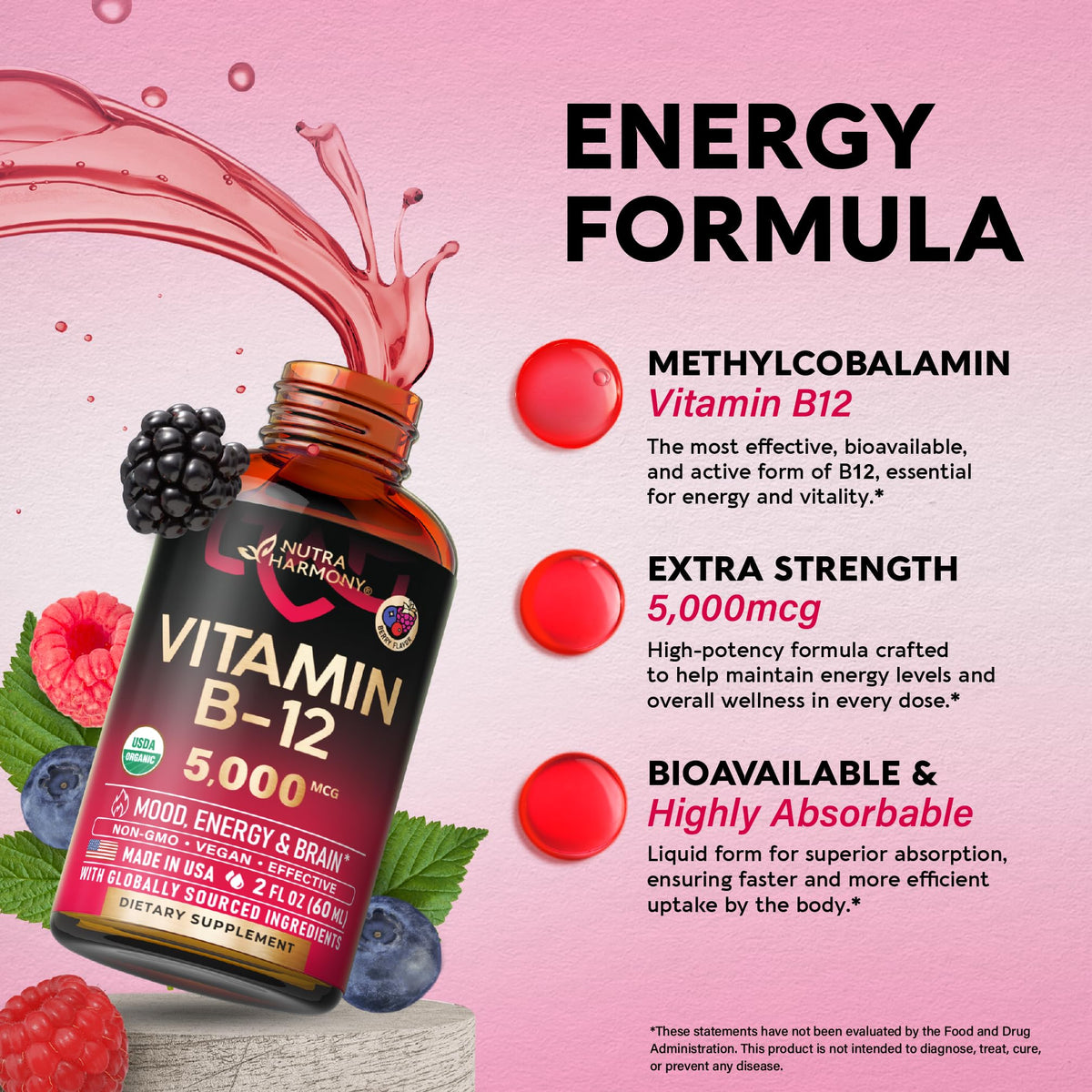 USDA Organic Vitamin B12 Sublingual Drops - 5000 mcg Liquid Vegan Methylcobalamin for Women & Men - Energy Boost, Focus & Mood, Brain Health Support - Maple Wellness Supplements