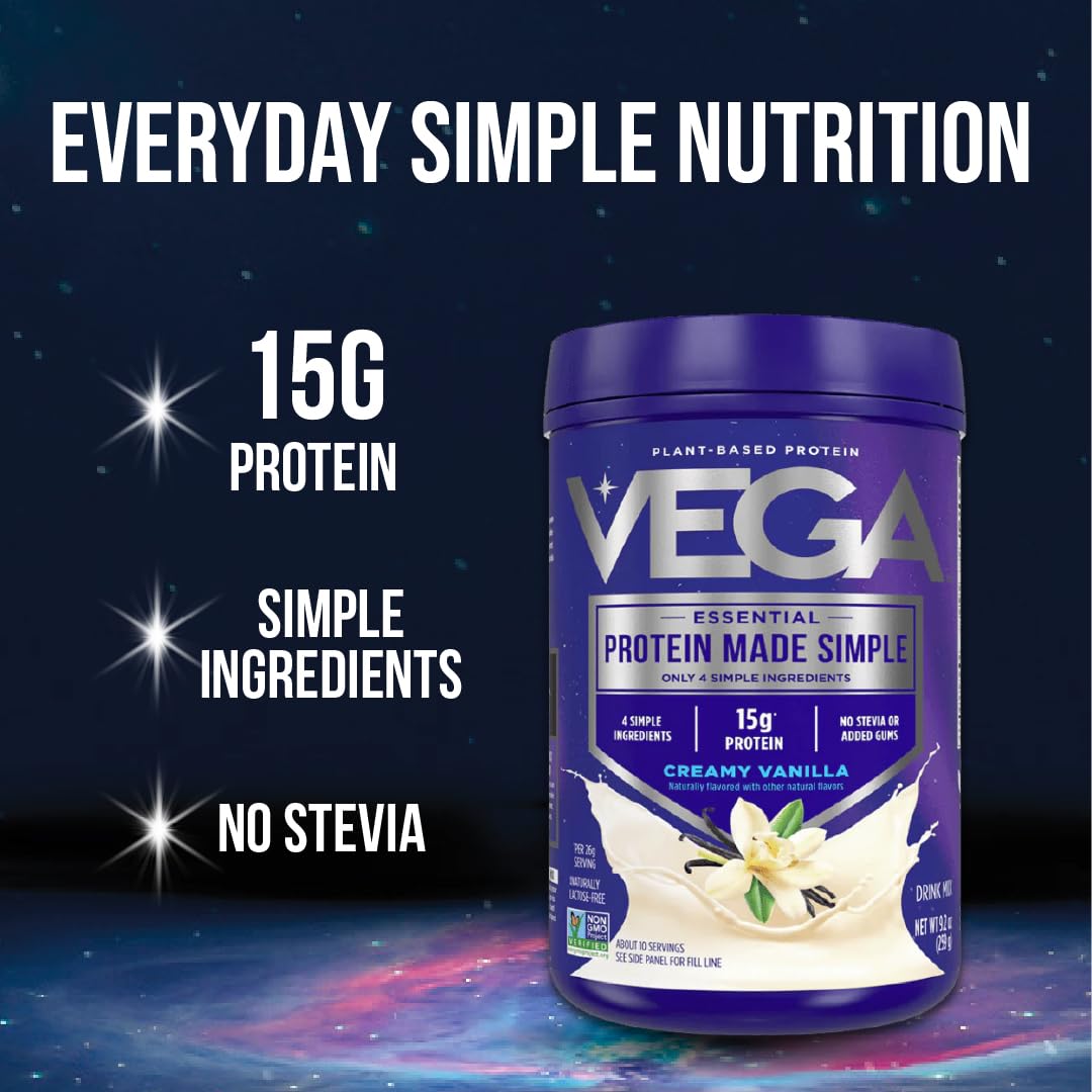 Vega Protein Made Simple Protein Powder, Vanilla - Stevia Free, Vegan, Plant Based, Healthy, Gluten Free, Pea Protein for Women and Men, 9.2 oz (Packaging May Vary) - Maple Wellness Supplements