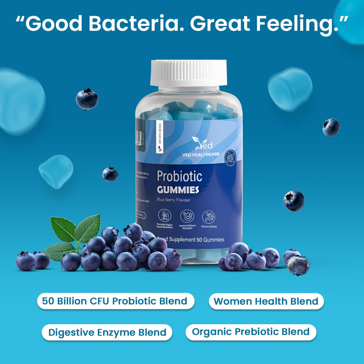 Vegan Probiotic Gummies with Prebiotics, Blueberry Flavour, 2 Gummies Daily (90 Count), 45 Days Supply, Non-GMO, Gluten Free, - Maple Wellness Supplements