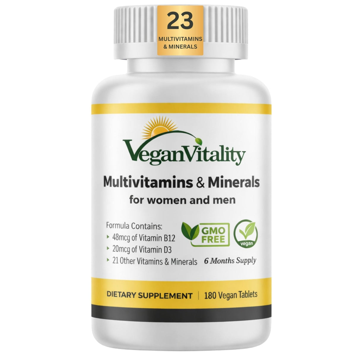 Vegan Vitality Multivitamins & Minerals for Women and Men with High Strength Vitamin B12, D3 & K2. 180 Vegan Multivitamin Tablets - 6 Months Supply - Maple Wellness Supplements