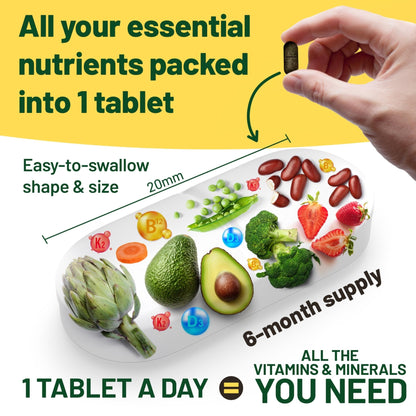 Vegan Vitality Multivitamins & Minerals for Women and Men with High Strength Vitamin B12, D3 & K2. 180 Vegan Multivitamin Tablets - 6 Months Supply - Maple Wellness Supplements