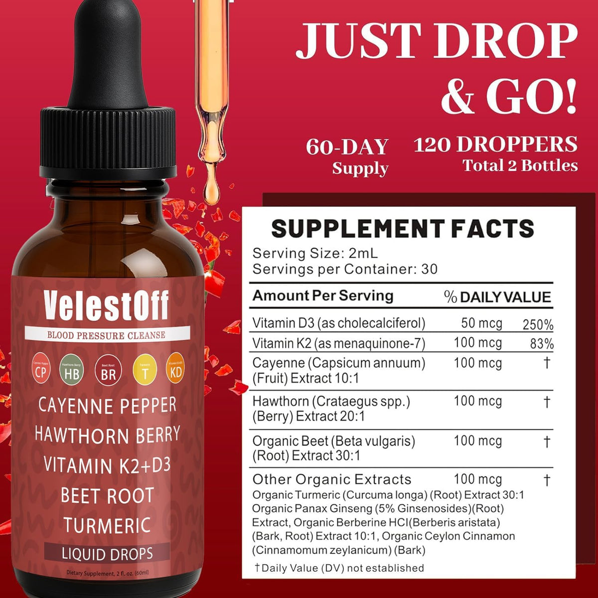 Velestoff Cayenne Pepper | Cayenne Heart & Circulation Blend – Botanical Extracts with Hawthorn, Beet Root, Turmeric, Vitamin K2 & D3 – Daily Wellness Drops (2 fl oz) (2) - Maple Wellness Supplements