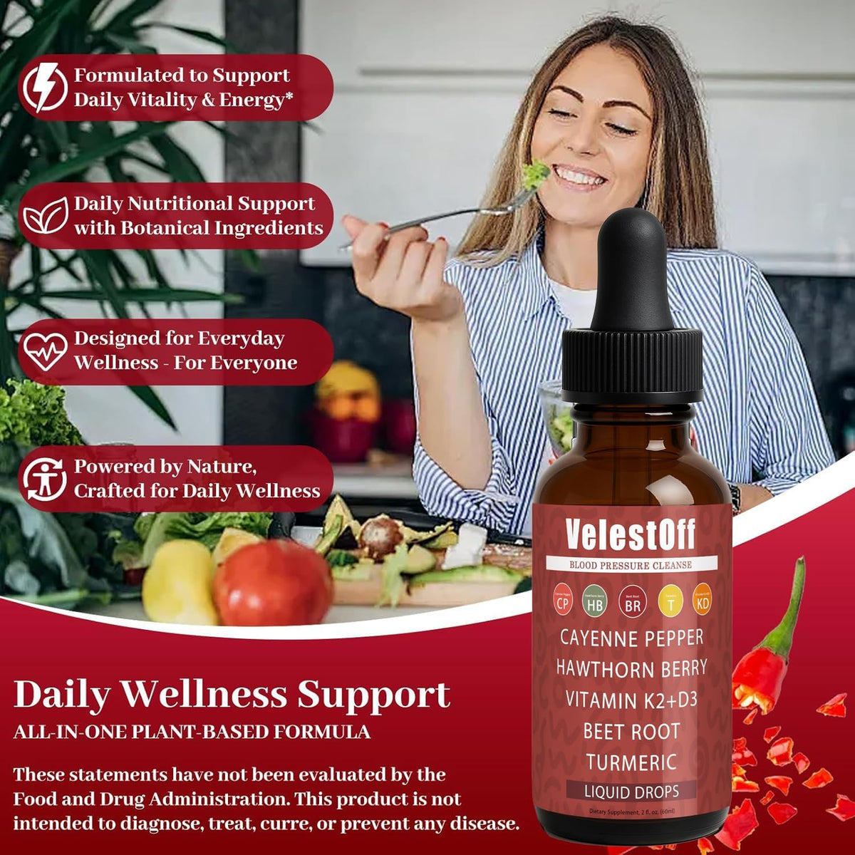Velestoff Cayenne Pepper | Cayenne Heart & Circulation Blend – Botanical Extracts with Hawthorn, Beet Root, Turmeric, Vitamin K2 & D3 – Daily Wellness Drops (2 fl oz) (2) - Maple Wellness Supplements