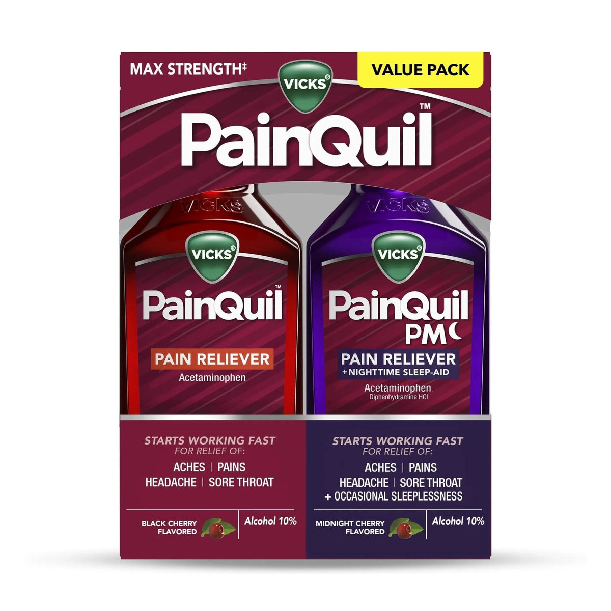 Vicks PainQuil & PainQuil PM Pain Relief Liquid, 1000mg Acetaminophen, 2x12 oz - Maple Wellness Supplements