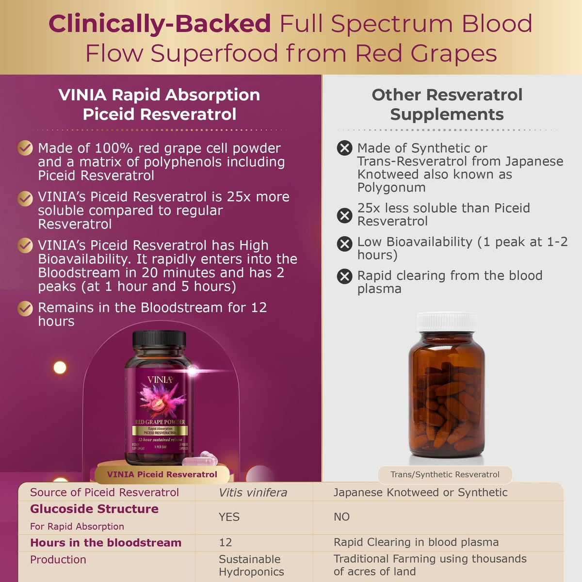 VINIA Piceid Resveratrol Supplement Capsules. Increases Blood Flow and Nitric Oxide. Blood Pressure and Heart Health Support - Maple Wellness Supplements