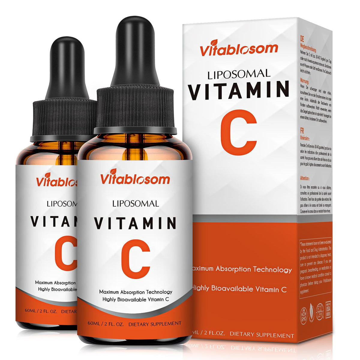 Vitablosom Liposomal Vitamin C 2000mg Liquid for Adults, High Absorption VIT C, Maximize Vitamin C, Immune System & Antioxidant Support, 60ML (2 Bottle) - Maple Wellness Supplements