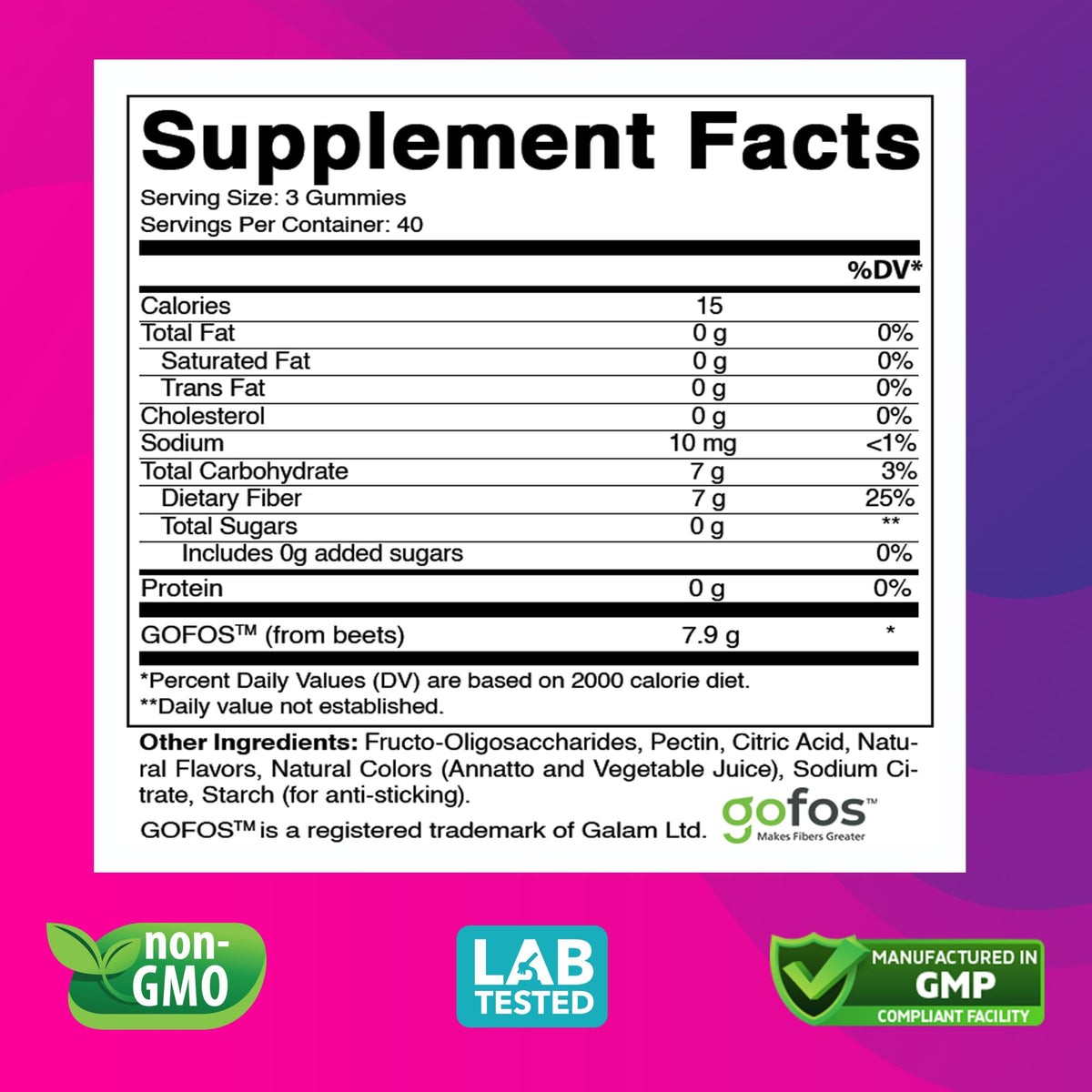 Vitabod Fiber Gummies 7G Per Serving for Digestive Health & Regularity, Prebiotic GOFOS™ Plant-Based Fiber, No Sugar Added, Vegan, Berry Peach Strawberry, 120 Gummies (Adults, Women & Men) - Maple Wellness Supplements
