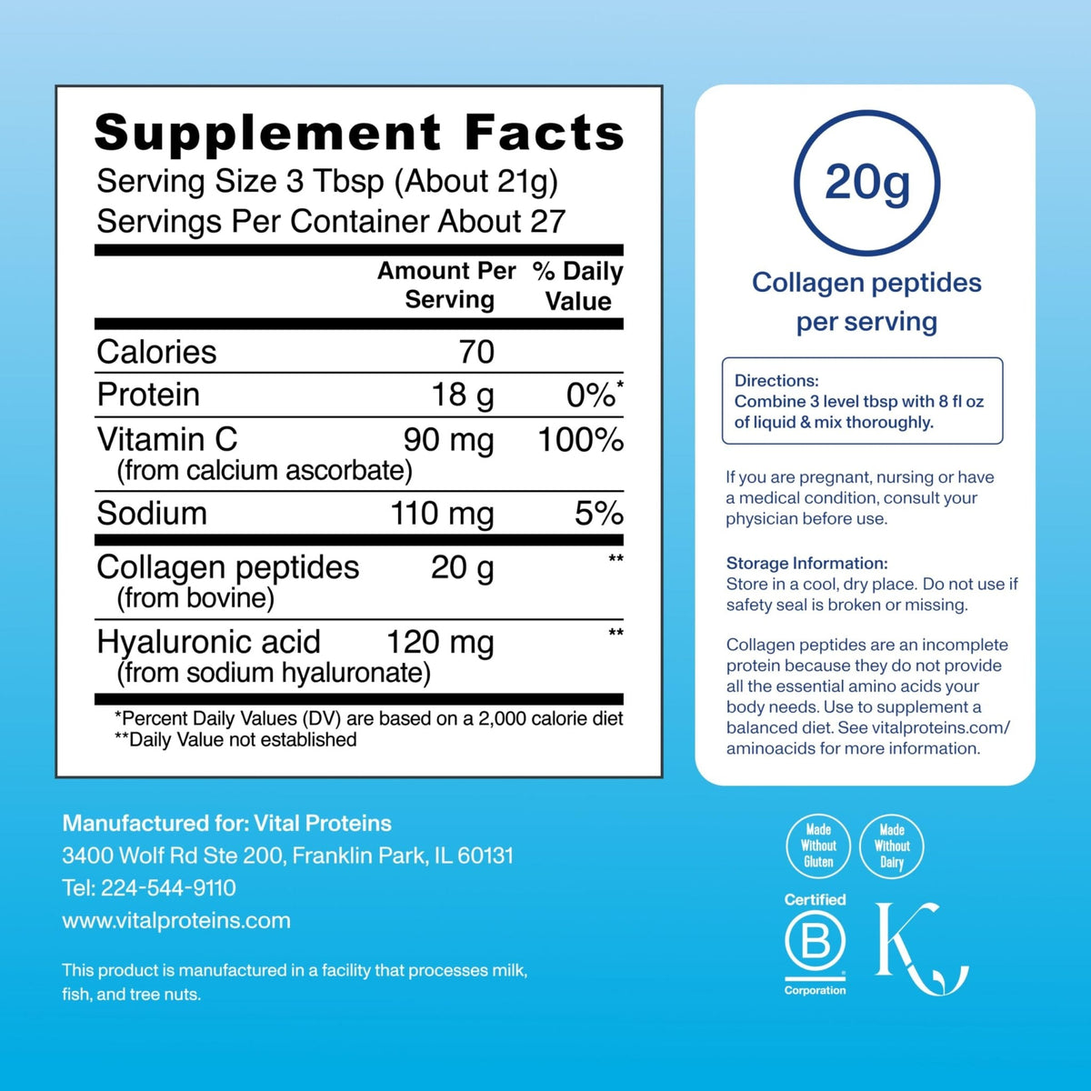 Vital Proteins Collagen Peptides Powder Advanced with Hyaluronic Acid & Vitamin C, 20oz Collagen Protein, Unflavored, 27 Servings - Maple Wellness Supplements