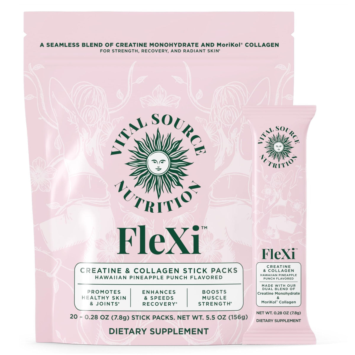 Vital Source Nutrition - Flexi - Creatine & Collagen Stick Packs - 5g Creatine Monohydrate + 1g MoriKol Collagen -Supports Strength, Recovery & Skin Health -20 Servings - Maple Wellness Supplements