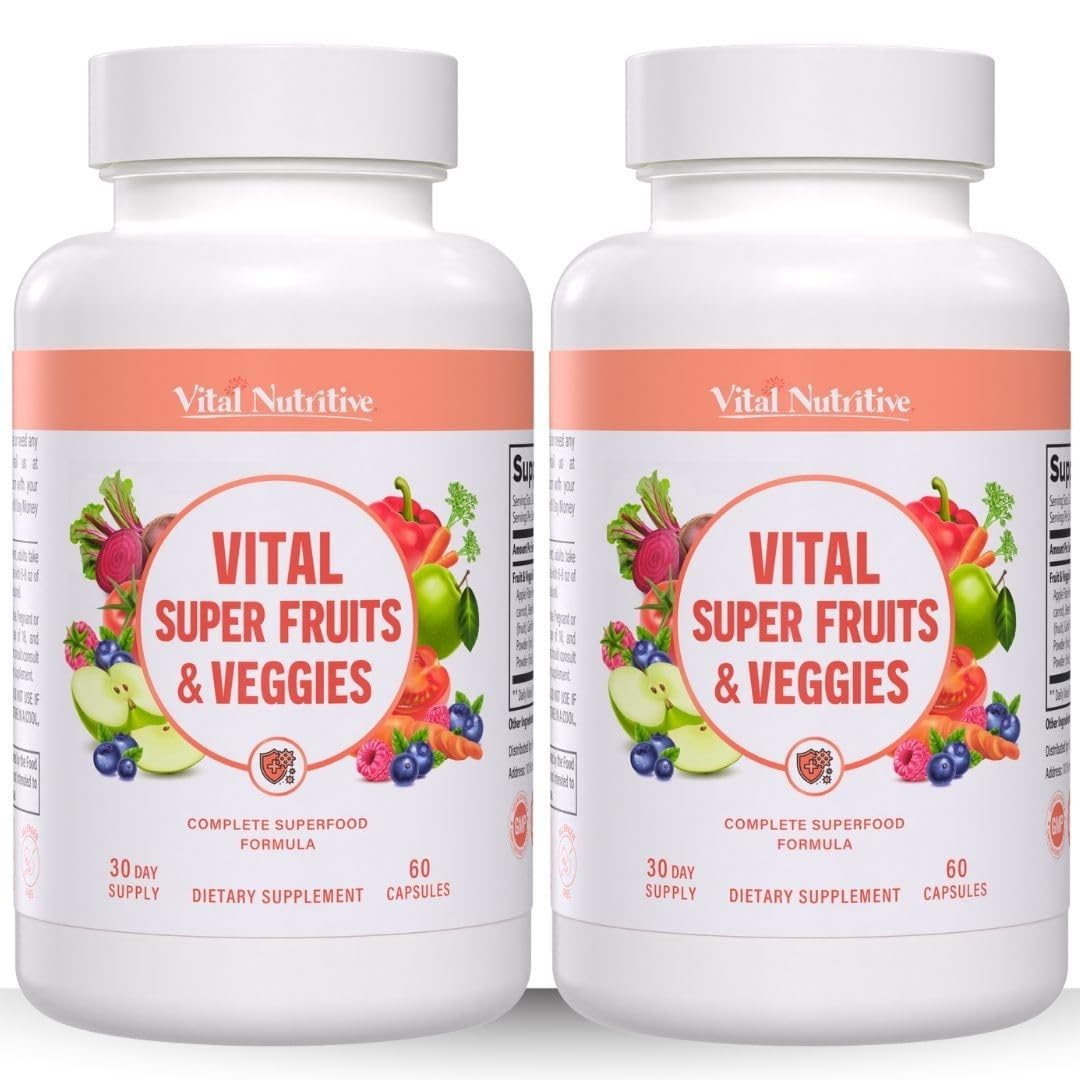 Vital Super Fruits & Veggies - Daily Superfood Capsules for Adults - Fruit & Vegetable Supplements to Boost Immunity & Energy - 2-in-1 Formula for Overall Wellness - Maple Wellness Supplements