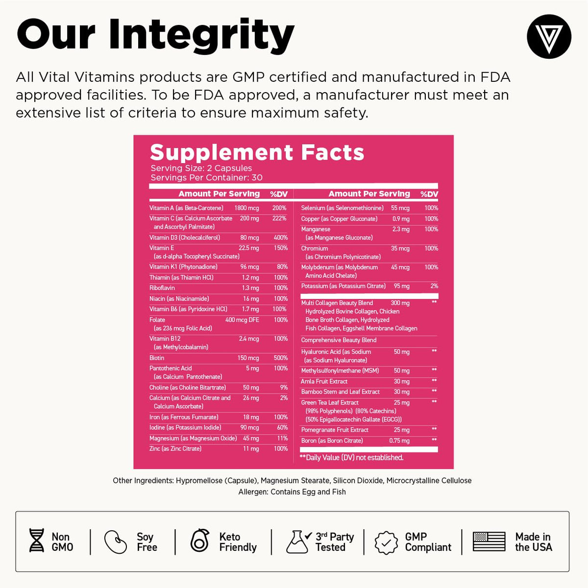 Vital Vitamins Women's Multivitamin Complex - Made with Multi-Collagen Blend, Hyaluronic Acid, & MSM - Beauty Multivitamins - with Vitamin A, C, E, B6, B12, D3-60 Capsules - Maple Wellness Supplements