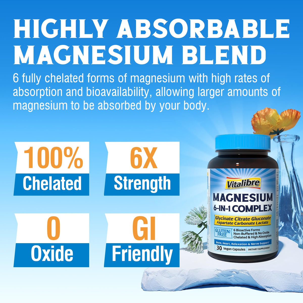 Vitalibre 6 in 1 Magnesium Complex for Women Men, 260mg Elemental Magnesium | Max Absorption | Chelated Magnesium Supplement for Bone, Relaxation & Nerves Support | Non-GMO, 120 Vegan Capsules - Maple Wellness Supplements