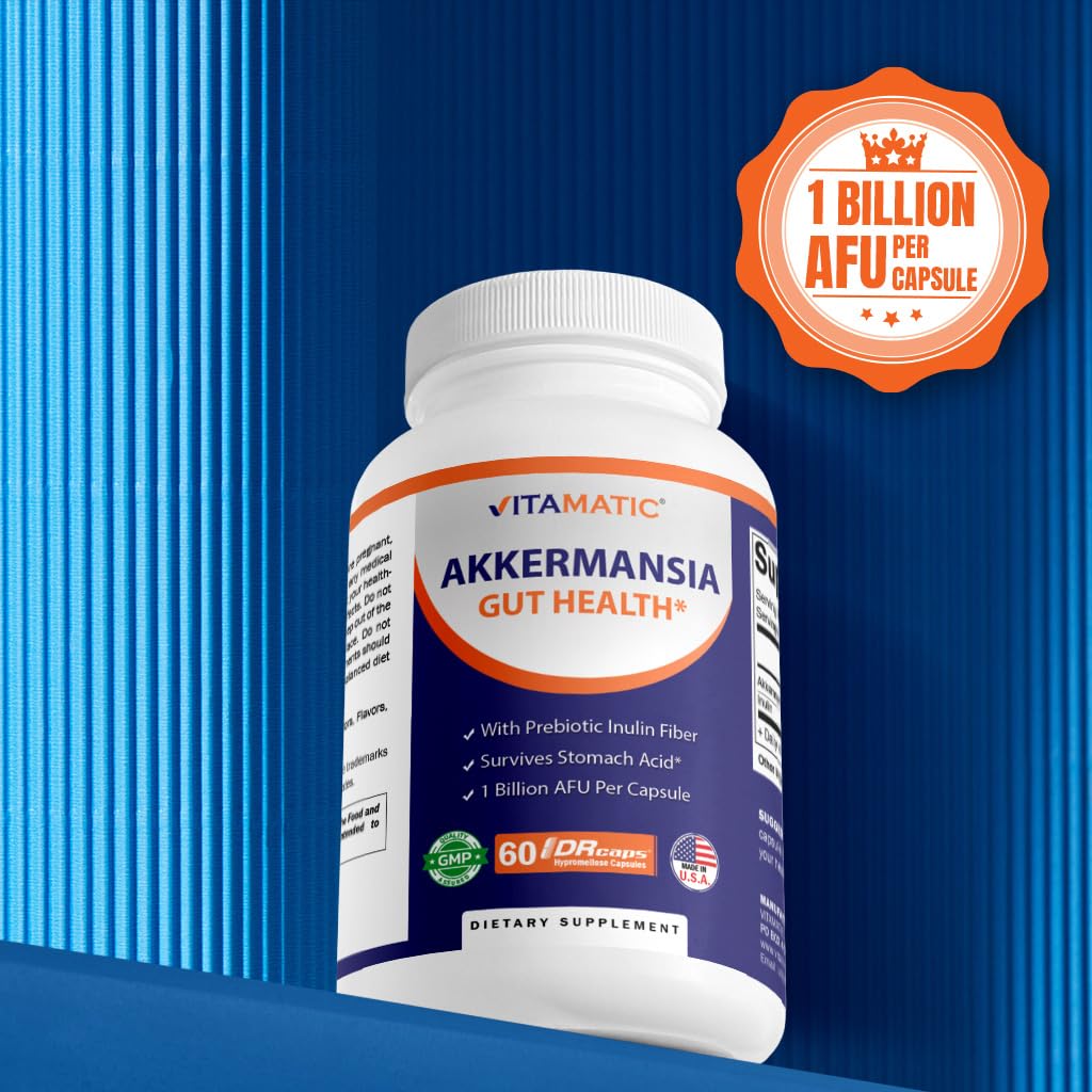 Vitamatic Akkermansia Muciniphila Gut Health - 60 DR Capsules (Delayed Released) - Made with Prebiotic Inulin Fiber - Maple Wellness Supplements