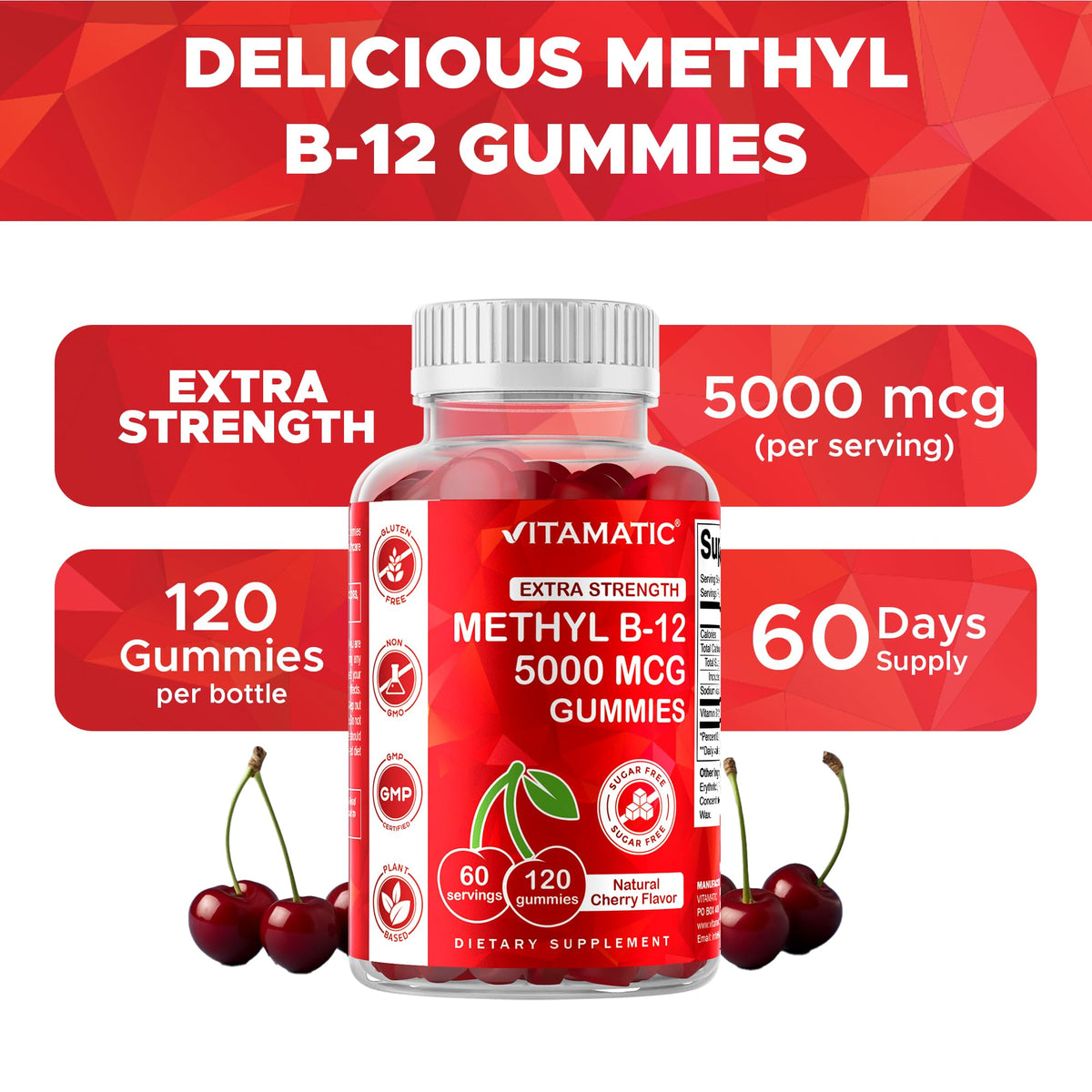 Vitamatic Extra Strength Vitamin B12 5000 mcg (Methyl B12) Gummies - 120 Count - Energy Metabolism Support and Nervous - Maple Wellness Supplements