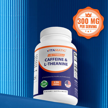 Vitamatic L-Theanine 200mg with Caffeine 100mg – 120 Vegetarian Tablets Nootropic Supplement for Focused Energy & Mental Clarity - Maple Wellness Supplements