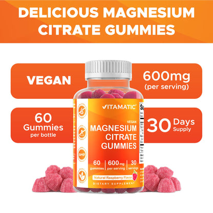 Vitamatic Magnesium Gummies 600mg per Serving – 60 Vegan Gummies – Relaxation, Muscle, Bone & Energy Support – 3 Pack - Maple Wellness Supplements