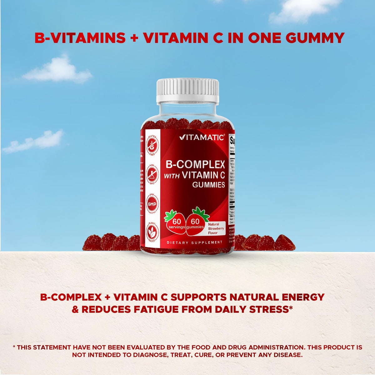 Vitamatic Vitamin B Complex Gummies with Vitamin C & Inositol - Natural Strawberry Flavor - 60 Gummies (1 Bottle) - Maple Wellness Supplements