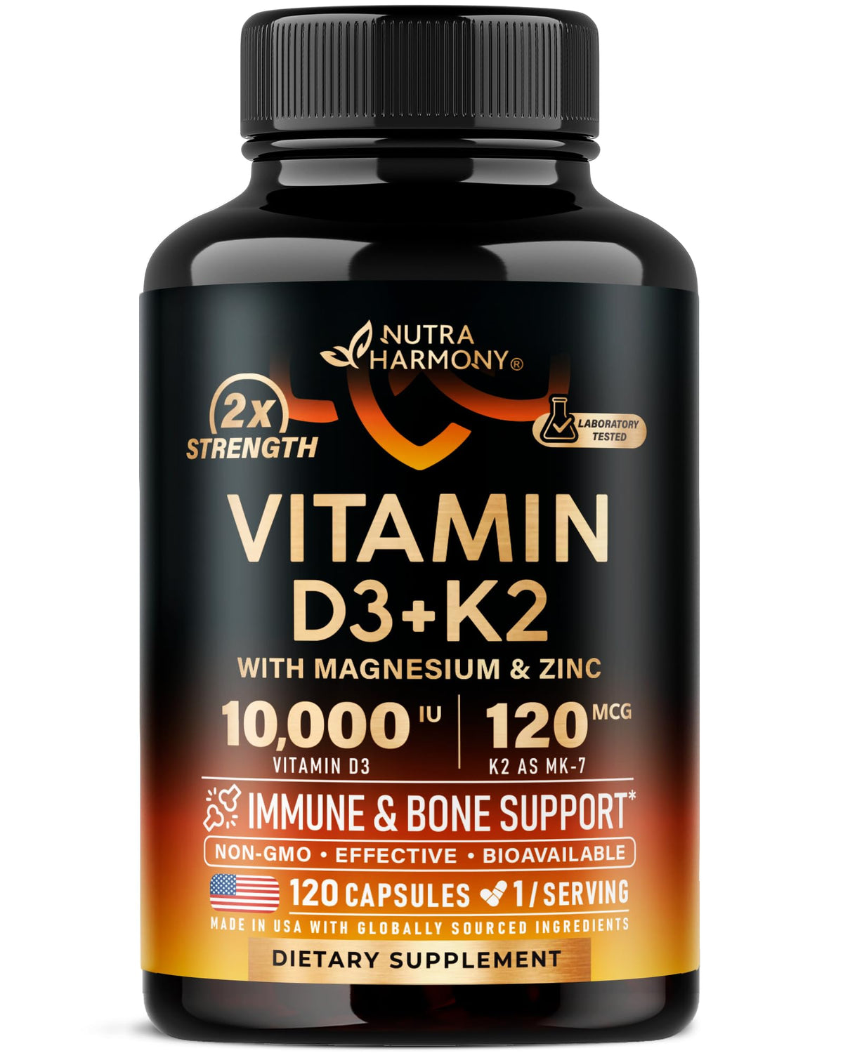 Vitamin D3 K2 - Vitamin D3 10000 iu & K2 as MK-7 120 mcg - Immune & Mood Support, for Bone & Teeth Health - with Magnesium, Zinc & Vitamin C & B12 - Highly Bioavailable - Maple Wellness Supplements