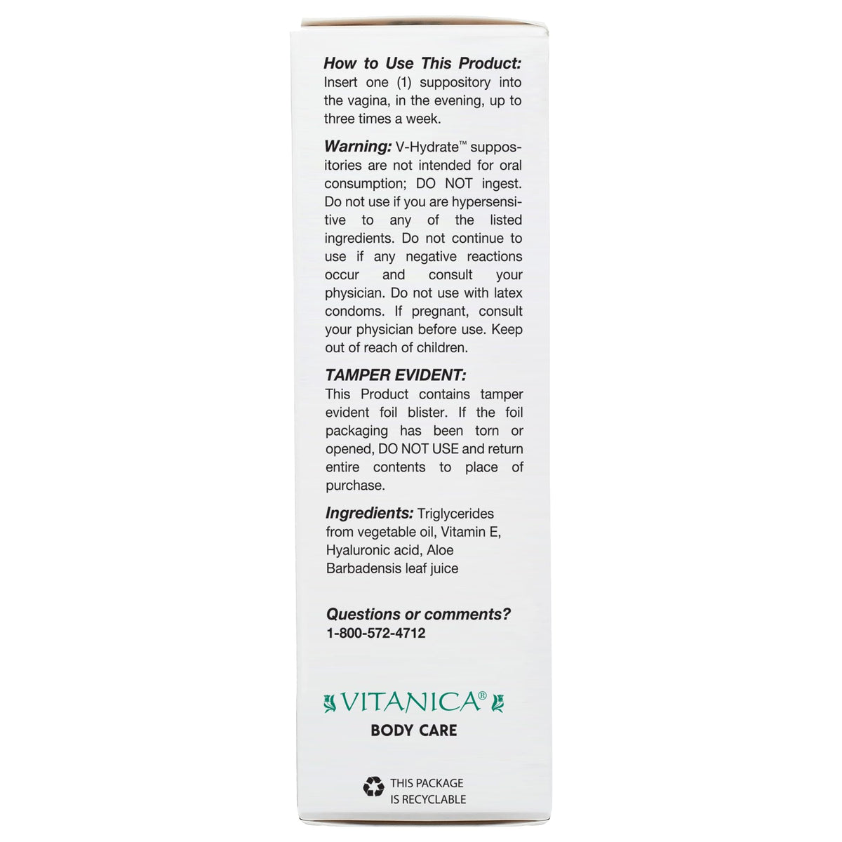 Vitanica V-Hydrate, Hyaluronic Acid Vaginal Suppositories for Comfort and Vaginal Hydration with Aloe Vera and Vitamin E, Hormone-Free & Drug-Free, Vegan, 2 Month Supply, 24 Count - Maple Wellness Supplements