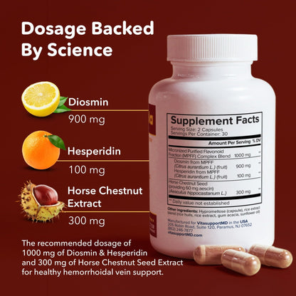 VITASUPPORTMD H Formula Diosmin Hesperidin 1000mg, Horse Chestnut Extract 300mg, Hemorrhoidal Vein Support, Micronized MPFF Bioflavonoids Supplement for Hemorrhoidal Vein Health Support, 60 Capsules - Maple Wellness Supplements