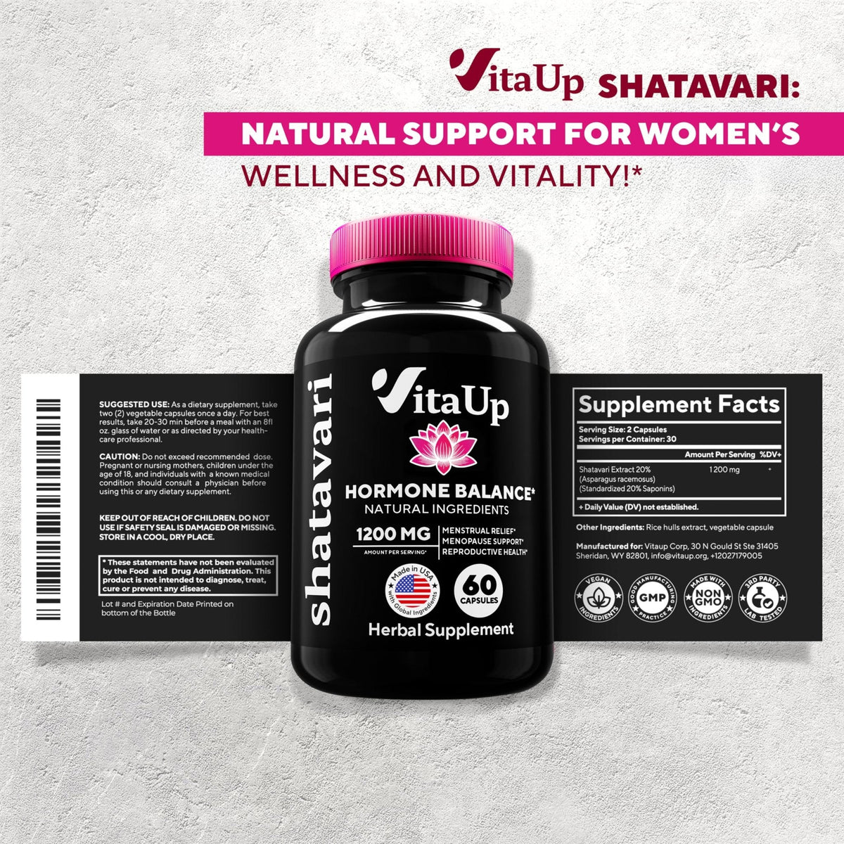 VitaUp Shatavari Capsules for Women 1200mg - USA Made Shatavari Root Supplement for Normal Hormonal Support, Menopause & Menstrual Wellness - 60 Vegan Capsules - Maple Wellness Supplements