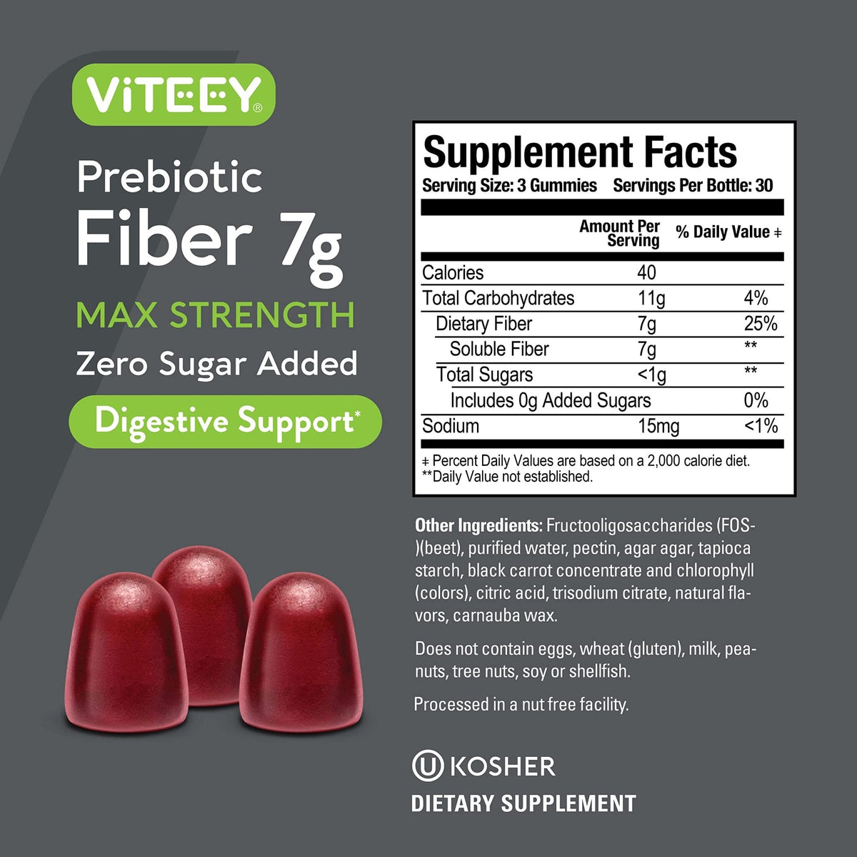 VITEEY Prebiotic Fiber Gummies for Adults, 7g - Gut Health & Digestive Soluble Fiber Supplement Gummies - Zero Sugar Added, Vegan, Gluten-Free - 180 Count - Maple Wellness Supplements